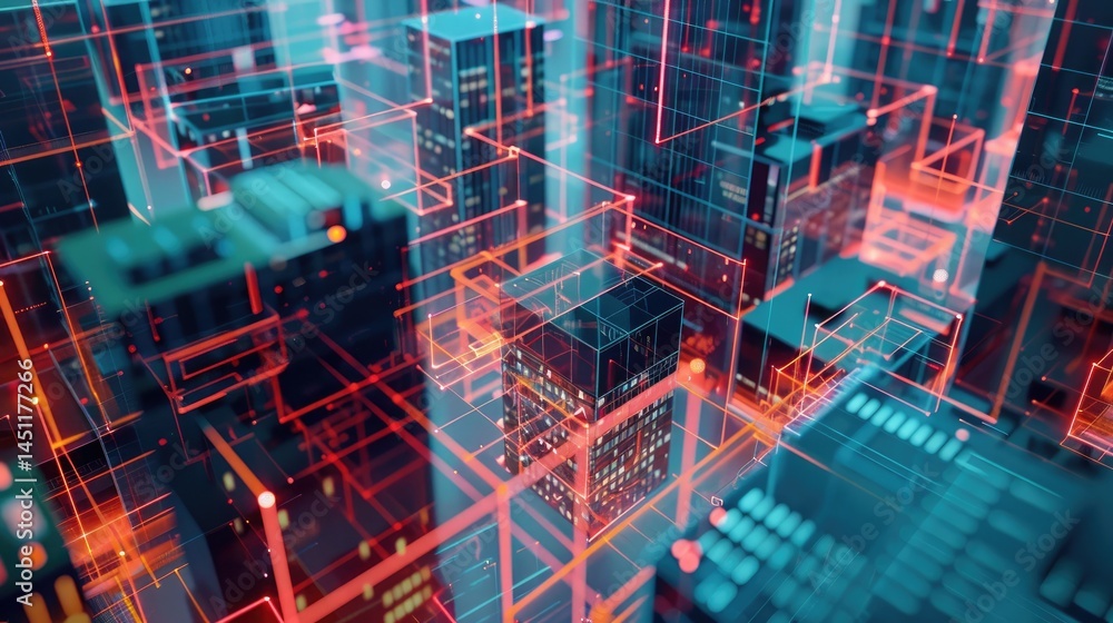 Poster explore a captivating abstract digital landscape featuring barriers and complex structures, showcasi