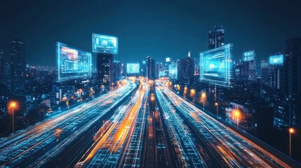 Fototapeta premium Futuristic Cityscape: Night Highway with Digital Overlays