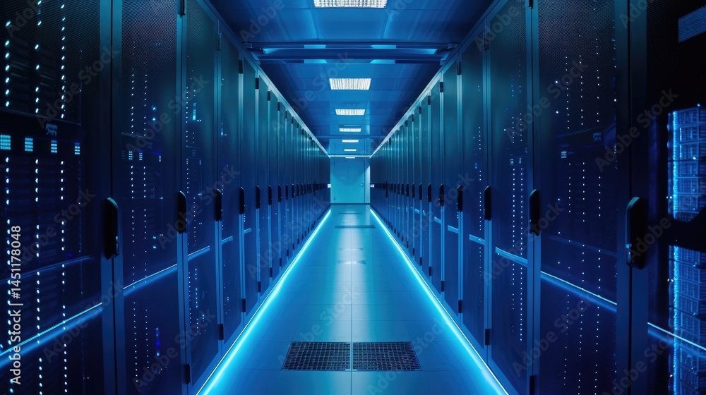 Poster a futuristic view of a server room with blue lighting, showcasing advanced technology and infrastruc