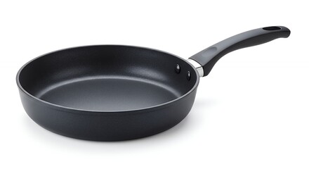 Close up studio shot of a modern black cooking pan with long handle