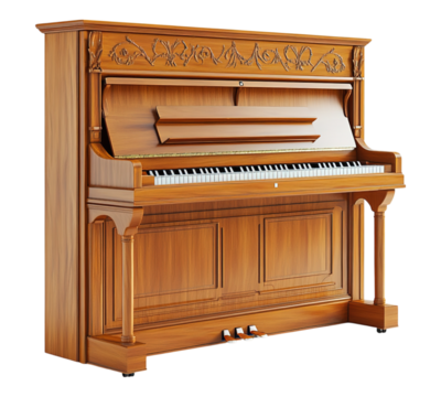 A wooden piano with a black keyboard and white keys