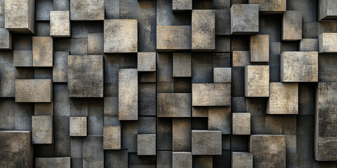 Close-up of a textured wall made of numerous concrete cubes arranged in a complex geometric pattern with varying sizes and shades creating a modern industrial aesthetic