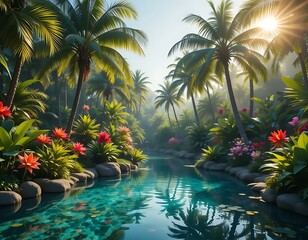 Lush tropical paradise featuring clear turquoise water, vibrant flowers, and beaming sunlight.