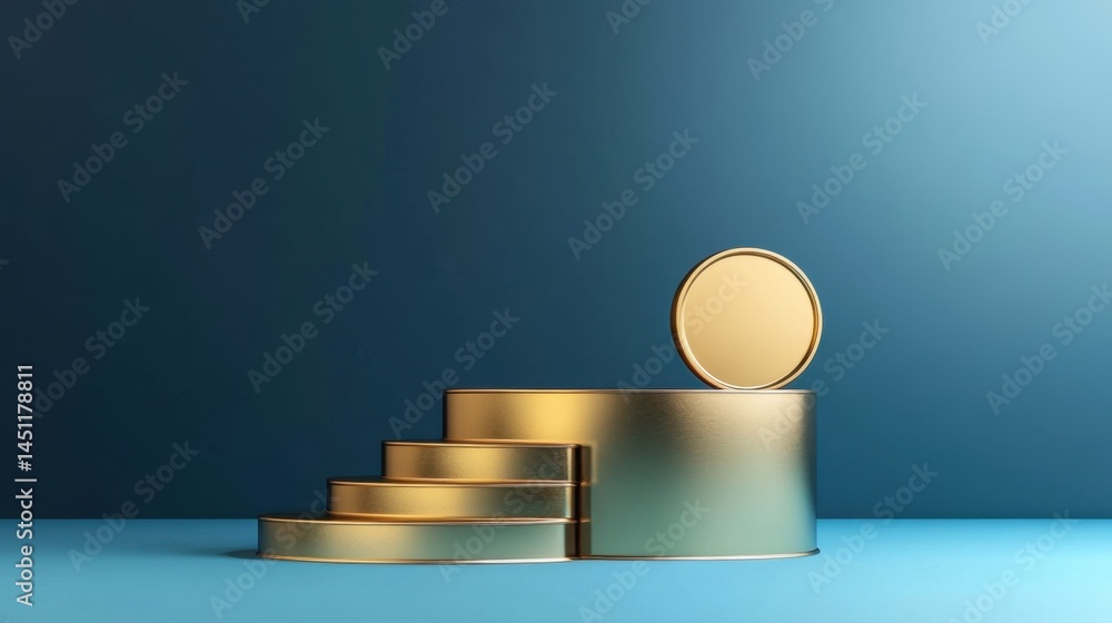 Poster a modern minimalist golden podium display featuring a circular element and steps. ideal for showcasi