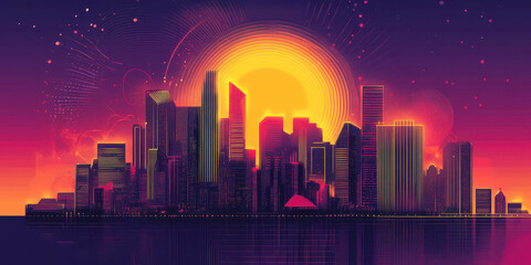 Vibrant futuristic city skyline at sunset with illuminated skyscrapers, reflective water, dynamic glow effects, and colorful dusk sky creating a lively urban scene