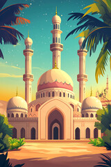 Majestic mosque at sunset surrounded by lush palms and a serene desert landscape