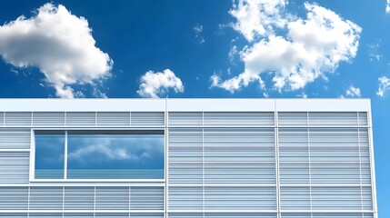Modern White Building Exterior with Louvers and Blue Sky