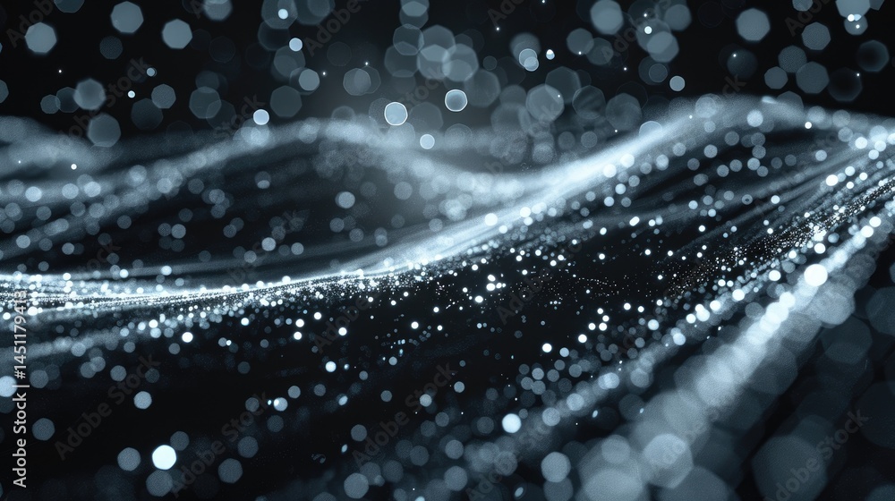 Poster this abstract image showcases a dynamic flow of light particles against a dark background, represent