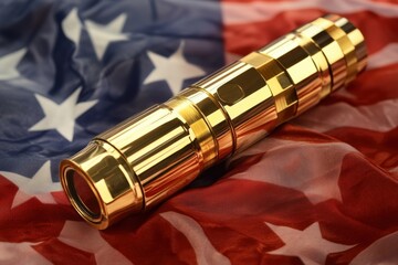 A stunning gold lens placed on a background of the American flag represents patriotism and freedom. Ideal for themes of national pride and identity.