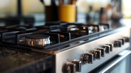 Modern Kitchen Gas Stovetop Close-up: Stainless Steel Design, Black Burners, and Sleek Controls