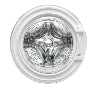 A white washing machine with a silver interior
