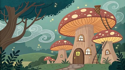 Vector style treehouse village built in giant mushrooms.