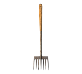A rusty old garden fork with a wooden handle