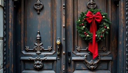 Ornate Gothic door, red bow Christmas wreath, aged wood , festive, wreath, texture
