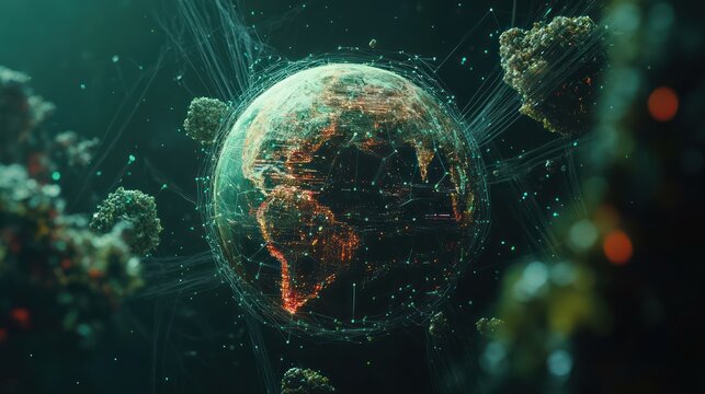 Global interconnectedness, digital earth, intricate network of connections, viral particles