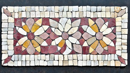 Stone Mosaic Artwork,  Red, Beige, Yellow Floral Design