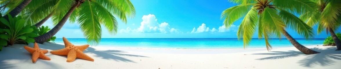 Fototapeta premium Palm trees, starfish scattered on white sand beach, blue sky, graphic, starfish on sand