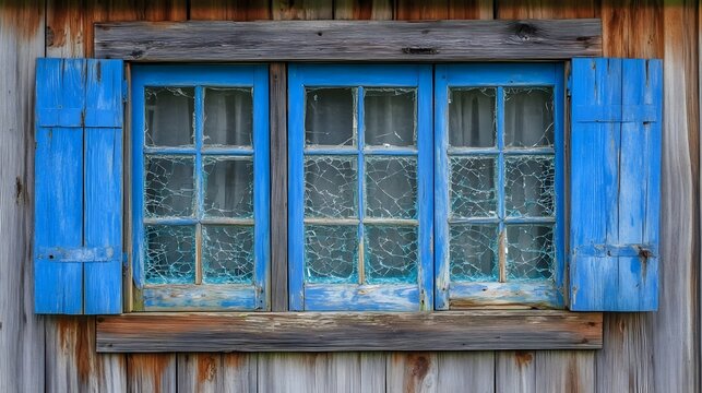 Rustic Blue Window with Cracked Glass and Shutters