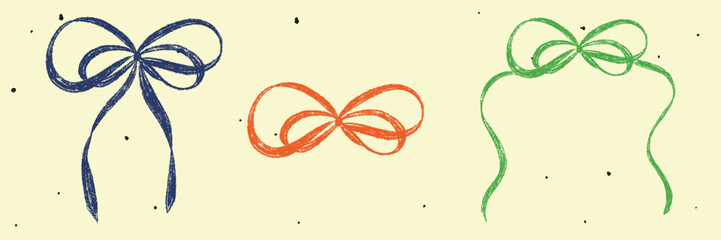 Chalk Textured Ribbon Bow Set. Cute kids pencil hand drawing elements. Coquette aesthetic pastel bow knot symbol. Cartoon freehand drawn color vector illustration isolated on vintage style background