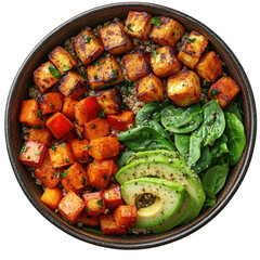 Healthy quinoa bowl with tofu sweet potato spinach and avocado for a balanced vegan meal plan idea...