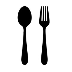 Simple black silhouette of a spoon and fork on a white background. Vector illustration.