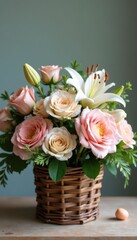 Obraz premium Pastel-toned roses, lilies, and ranunculus in a rustic basket , rustic, soft colors
