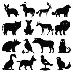Generate a diverse collection of minimalist black silhouette icons representing various animals with white background