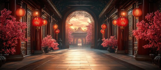 Fototapeta premium Serene Sunset at Chinese Garden: Pathway to Tranquility