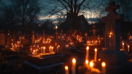 Candlelit cemetery at dusk, symbolizing remembrance and honoring departed souls