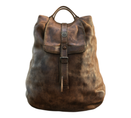 A brown leather backpack with a silver buckle