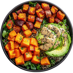 Sweet potato quinoa bowl recipe with avocado and tahini dressing healthy vegan lunch or dinner idea on transparent background