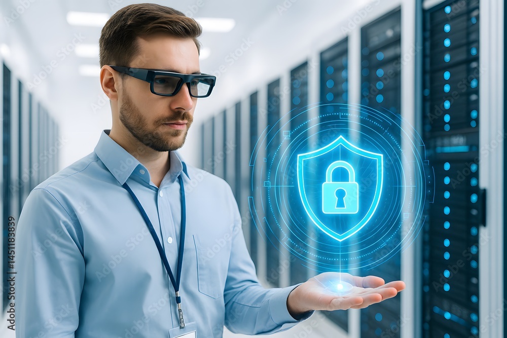 Aufkleber a caucasian it engineer in glasses stands in a server aisle presenting a glowing padlock hologram ab