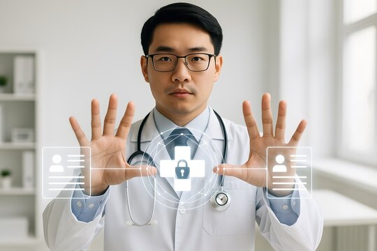 An asian male physician in a lab coat holds up both hands to display floating padlock and ID card icons. Concept of secure patient authentication and health IT.