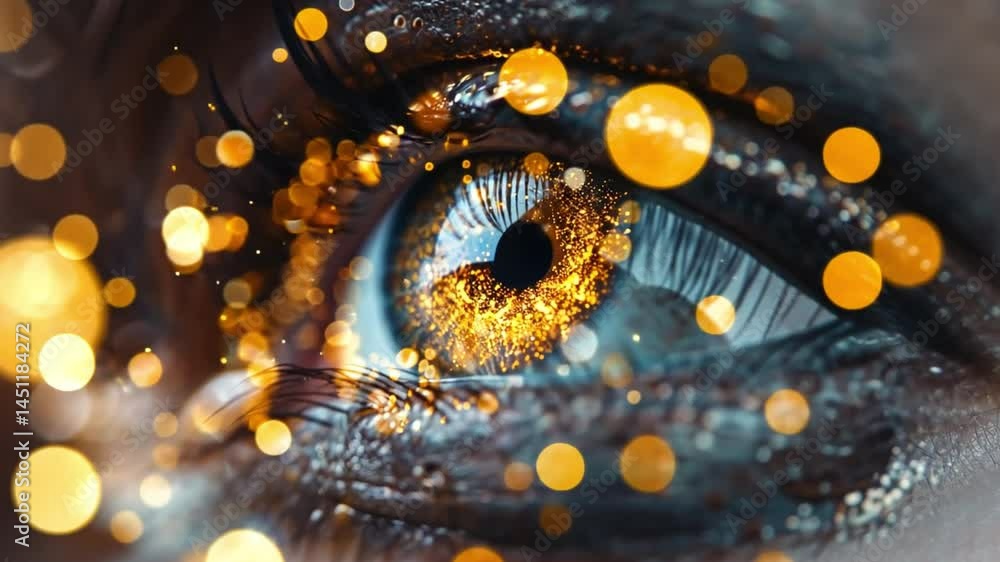 Poster close up of eye dreamy golden bokeh lights evoke emotion and wonder, showcasing intricate details an