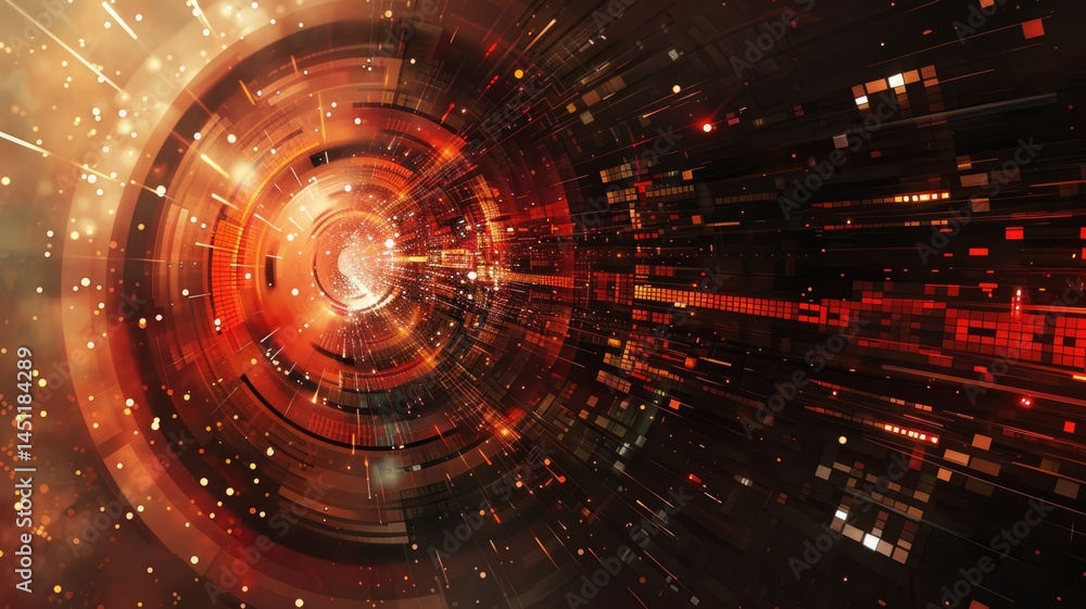 Poster abstract picture orange particle in geometric shape represent data flow. vivid flowing object with h