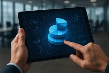 A pair of hands interacts with a tablet displaying a glowing 3D style pie chart hologram. Concept of data visualization and interactive analytics.