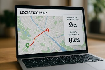 A laptop screen displays a logistics map with route pins and delivery statistics. Concept of supply chain optimization and real-time tracking.