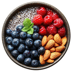 Healthy breakfast bowl with chia seeds blueberries raspberries and almonds for diet and nutrition plan on transparent background