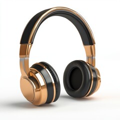 Golden headphones on white background