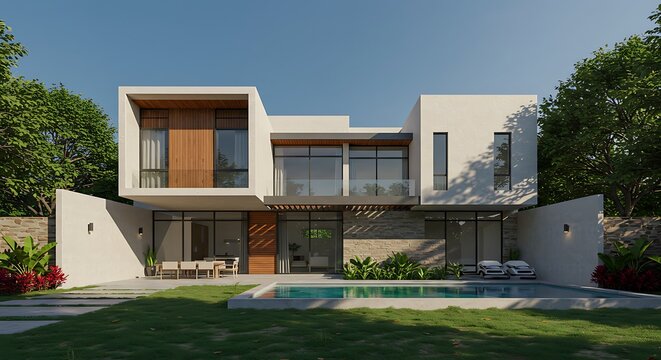 Newly built luxury home with elegant exterior, garage, and landscaped yard—ideal for real estate listings, vacation rentals, or upscale residential promotion.