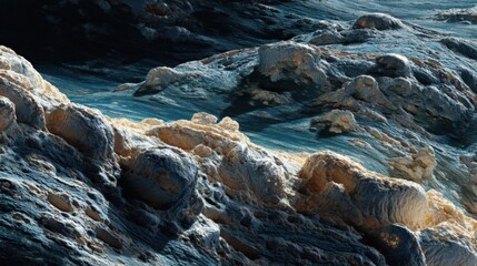 An abstract close-up image depicting rugged, textured surfaces resembling otherworldly terrain. The scene features a variety of colors with cool blues, shades of tan, and hints of white, creating a su
