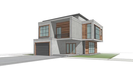 3D rendering of a modern home exterior with lush lawn and daylight, perfect for luxury real estate, investment, or architectural design concepts.