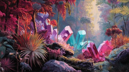 An enchanting fantasy landscape featuring large, vibrant crystals in various shades of pink, blue, and green, amidst lush ferns and tropical plants. The scene is illuminated by soft, ethereal lighting