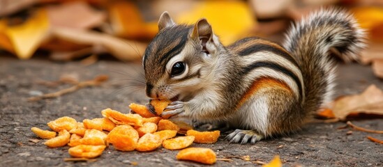 Obraz premium Delightful chipmunk feast, savoring crunchy snacks amidst autumn foliage serenity