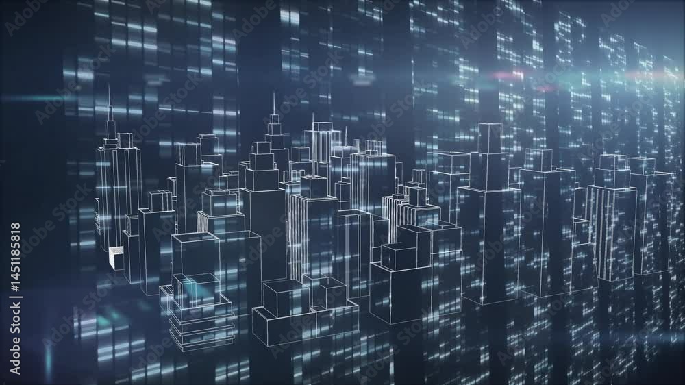 Aufkleber 3d futuristic wireframe cityscape being projected in holographic grid, showing glowing data streams