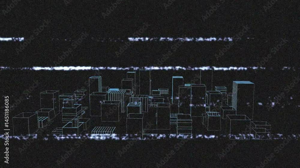 Poster futuristic wireframe skyline floating in dark void, glitch bars streaming across city grid