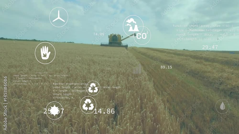 Poster combine harvester moving through golden wheat field, displaying digital co? icons and data overlays