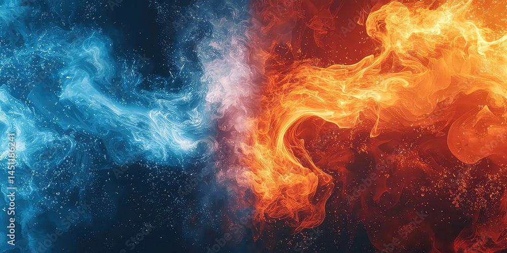 Poster abstract fire and ice background with dynamic swirling patterns and contrasting color schemes
