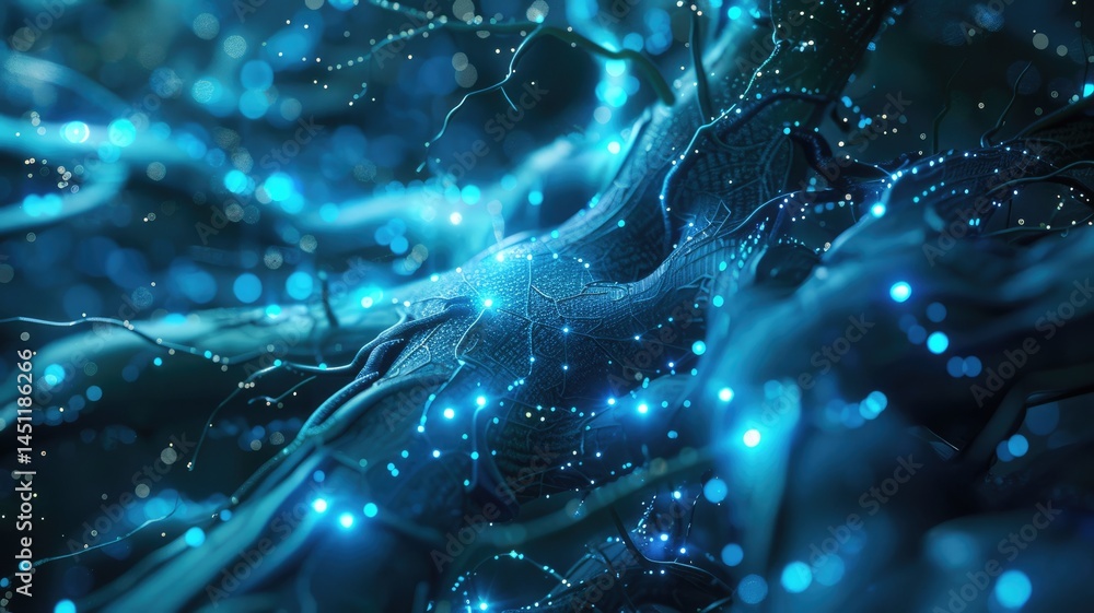 Poster this image showcases an organic communication network illuminated by vibrant blue lights, representi