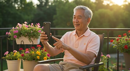 An elderly asian man enjoys a sunny day on his balcony, using his phone.